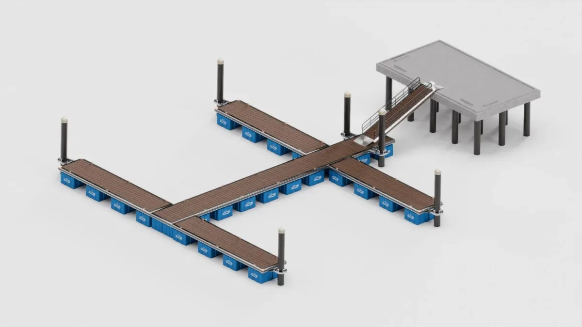 Ilustrasi konsep 3D tata letak dermaga apung berbentuk silang dengan tiang dan platform, layout dermaga marina