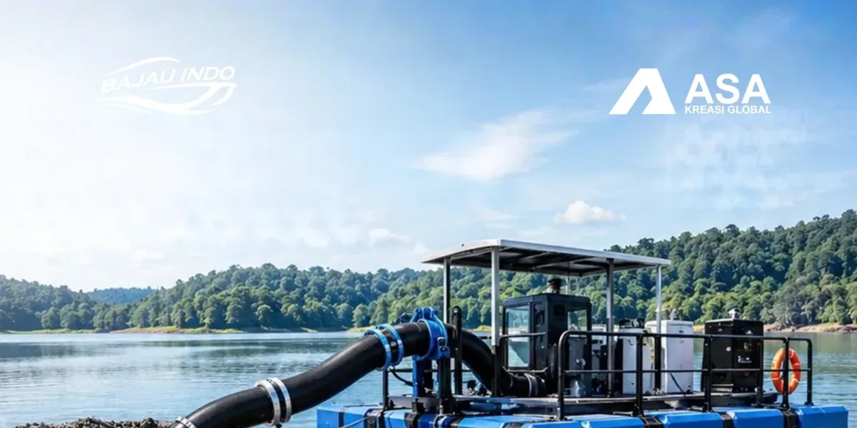 Ilustrasi kapal keruk ponton Bajauindo Dredger di danau dengan pipa buang mengapung menuju tepian