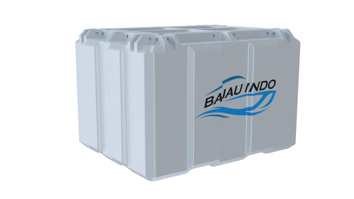 Render Block Pod putih berlogo Bajau Indo sebagai modul ponton keramba