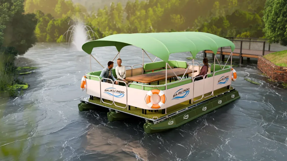 Render konsep katamaran wisata beratap hijau dengan penumpang di sungai taman