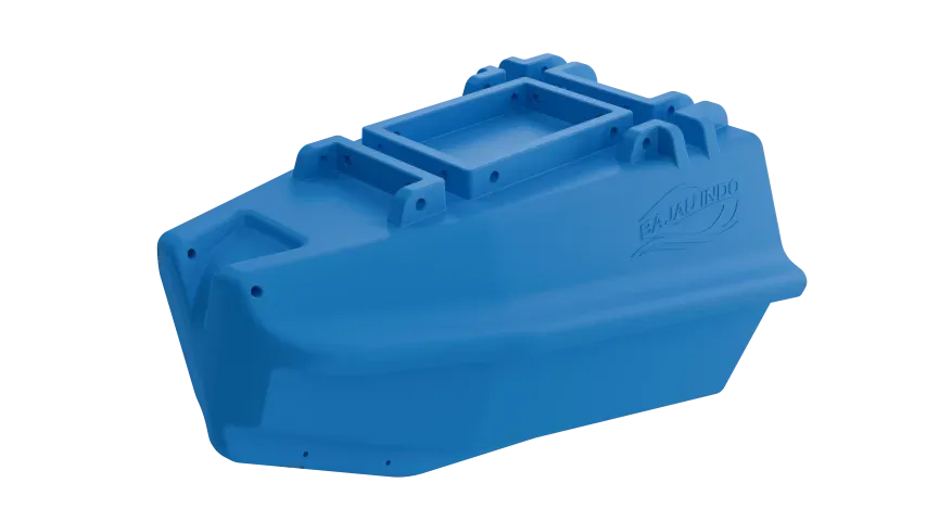 Render 3D Nose Pod biru berujung meruncing sebagai elemen depan rangkaian ponton apung