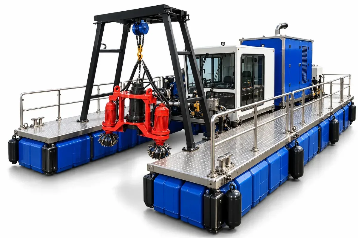 Visual ilustrasi Bajauindo Dredger dengan platform ponton biru, gantry, dua pompa crusher, dan kabin operator