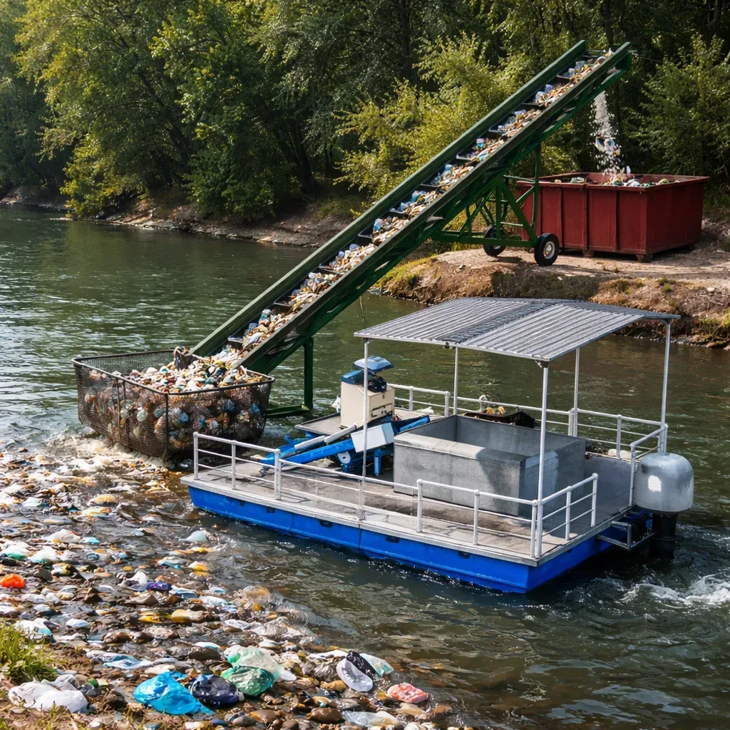 Ilustrasi unit pengumpul sampah apung dengan conveyor panjang menuang sampah ke kontainer tepi sungai