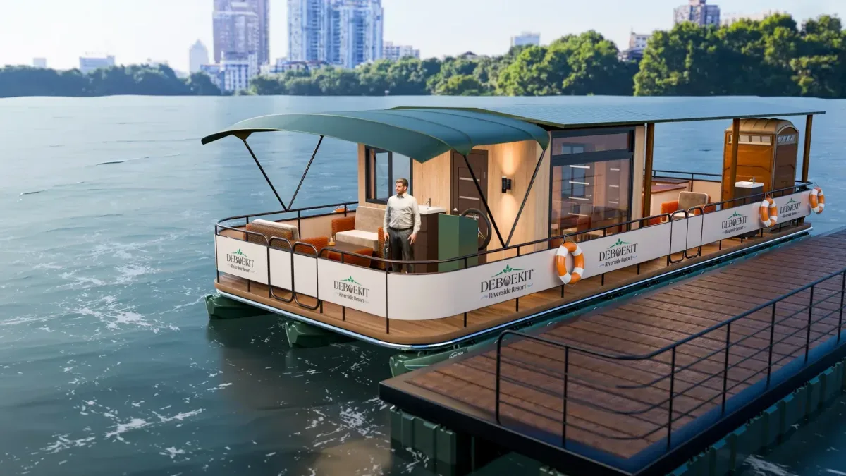 Render konsep restoran apung beratap hijau dengan meja makan, panel pagar, dan dermaga kayu